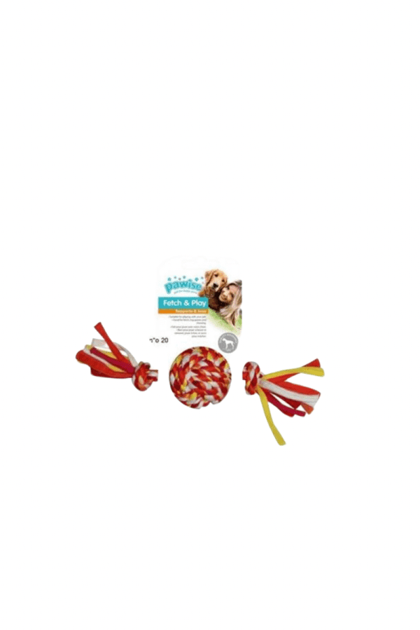 צעצוע חבל Pawise Fetch & Play לכלבים, כדור חבל חזק עם שתי ידיות משיכה.
