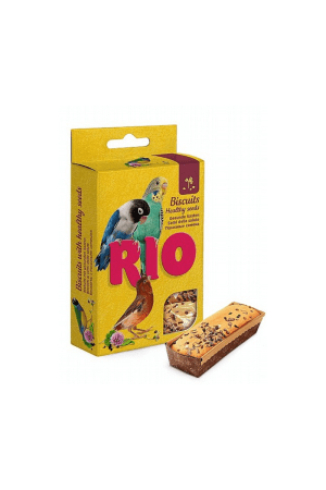 ביסקוויט זרעים לתוכים וציפורי שיר RIO באריזה צהובה עם תמונות ציפורים.
