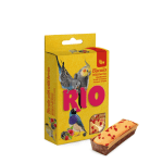 ביסקוויט פירות יער לתוכים קטנים וציפורי שיר RIO באריזה צהובה עם תמונות ציפורים.
