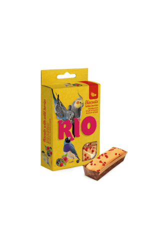 ביסקוויט פירות יער לתוכים קטנים וציפורי שיר RIO באריזה צהובה עם תמונות ציפורים.