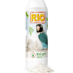 חול היגייני RIO לתוכים וציפורי נוי באריזה לבנה עם תמונת תוכון.